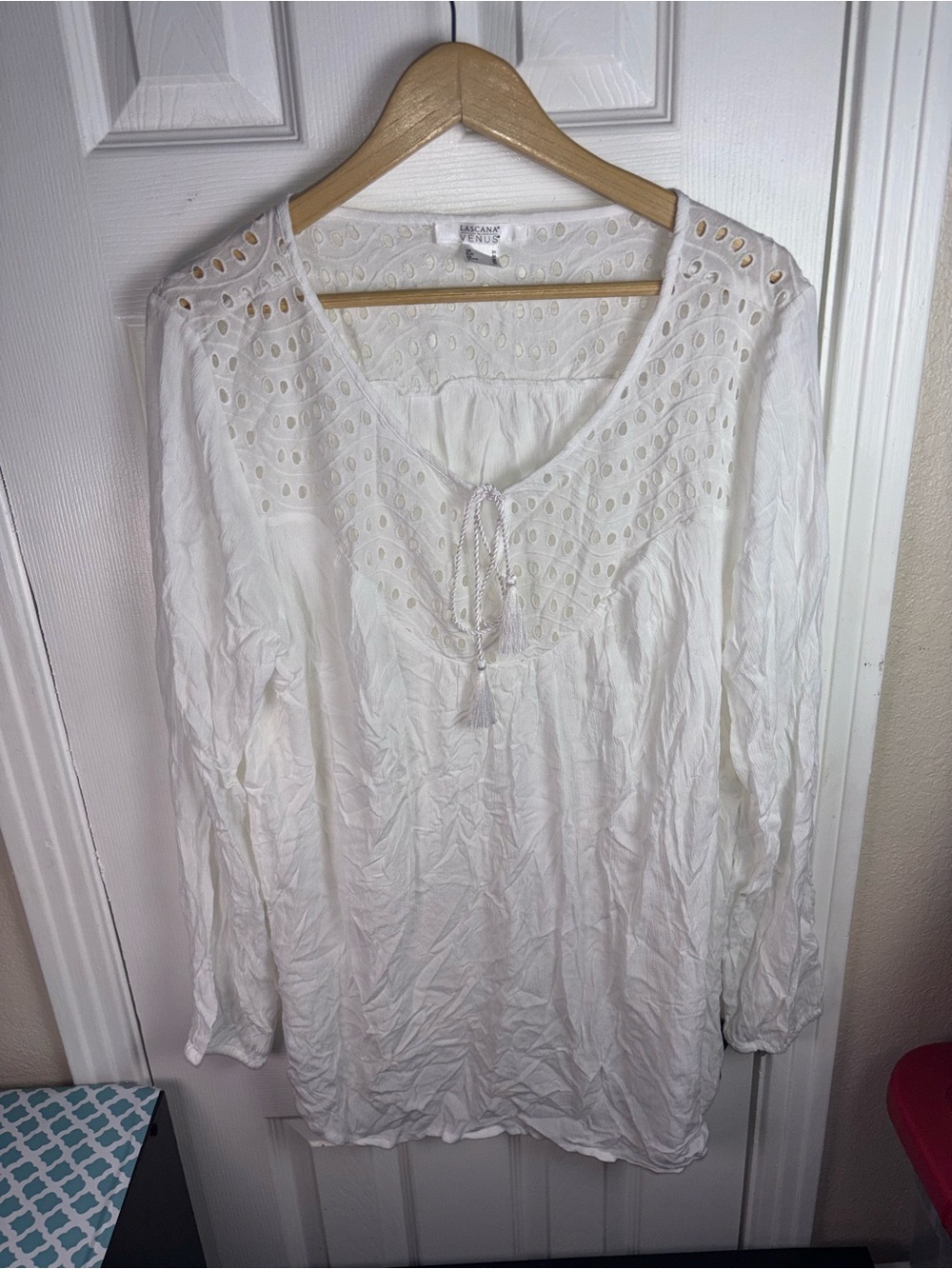 Lascana White Eyelet Peasant Tunic with Tassel Tie NWOT 2X - Picture 6 of 11